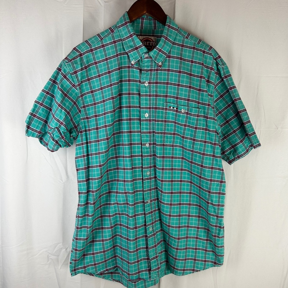 Larro Shirts Button Down Mens Large/XL Teal Plaid Short Sleeve Western‎ Yoke